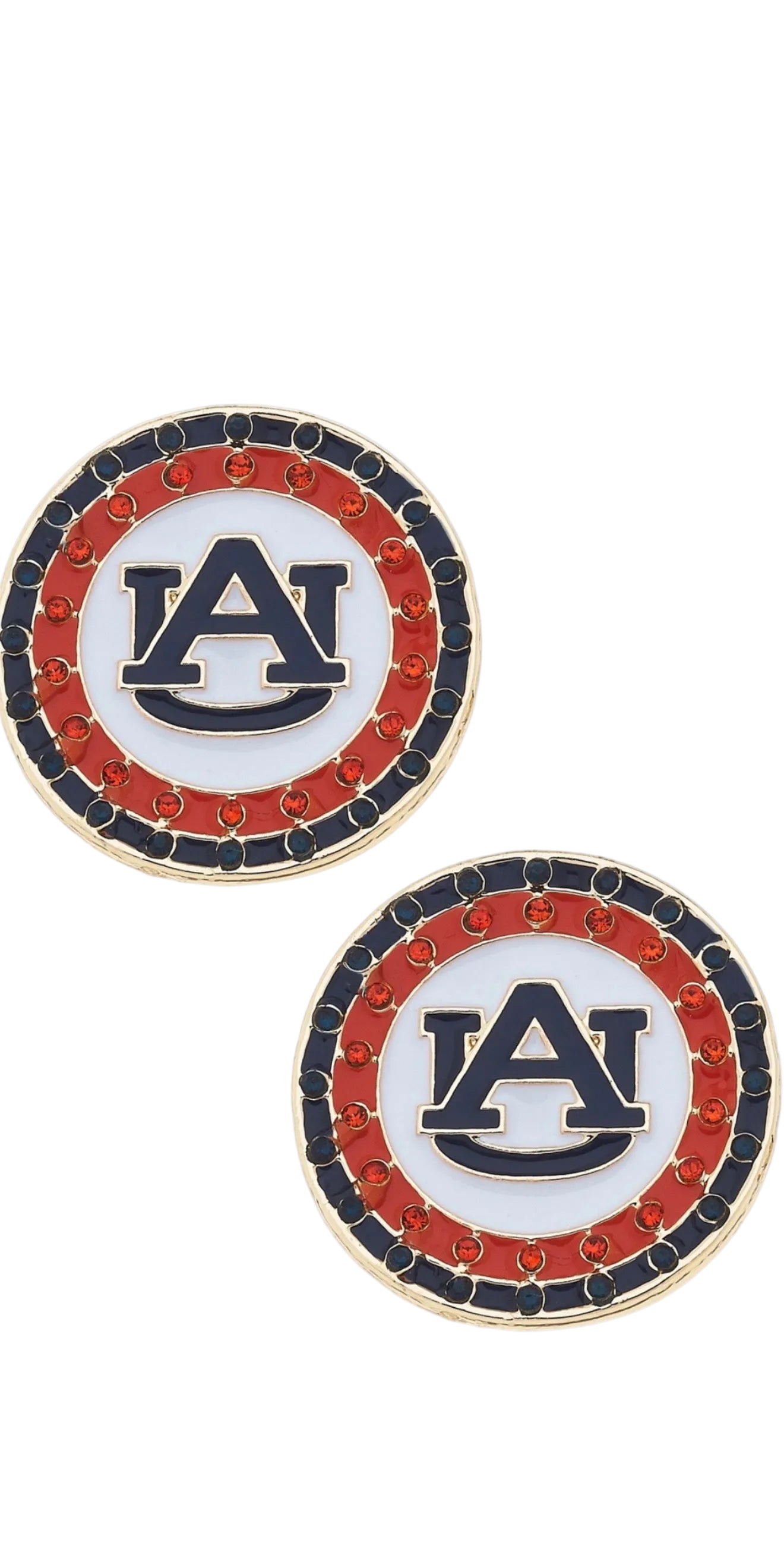 Auburn Tigers Pave Disc Stud Earrings in Orange/Navy/White