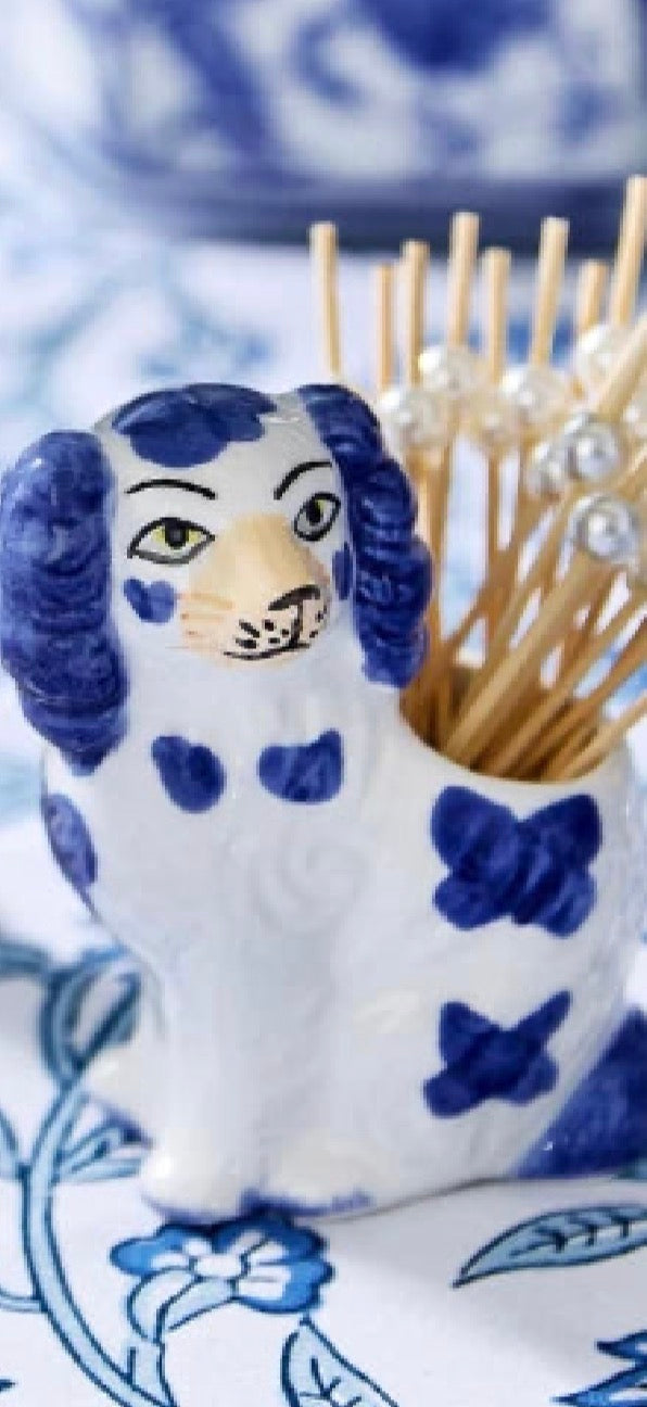 Hand Painted Blue and White Staffordshire Dog with 20 Appetizer Picks