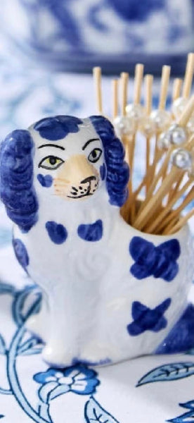 Hand Painted Blue and White Staffordshire Dog with 20 Appetizer Picks