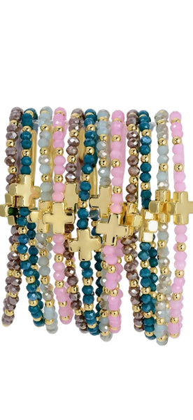 Crystal Stretch Bracelets w/ Single Balanced Cross - 4 Pastel Colors