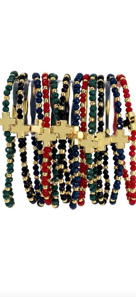 Crystal Stretch Bracelets w/ Single Balanced Cross - 4 Dark Colors