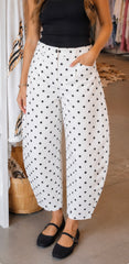 Polka Dot Print Cotton Barrel Leg Jeans