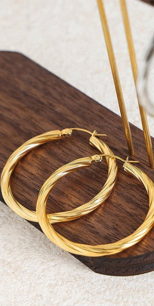 18K Stainless Steel Tarnish Free Waterproof Twist Hoop Earrings