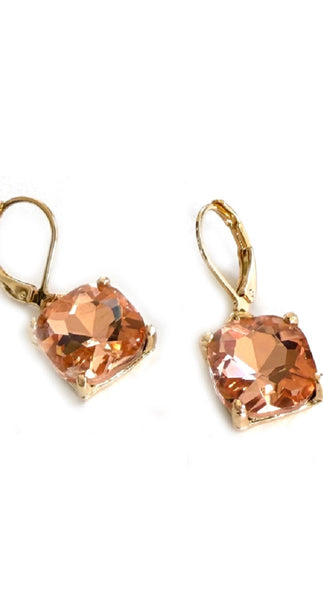 Champagne Square Glass Beads Dangle Lever Back Drop Earrings