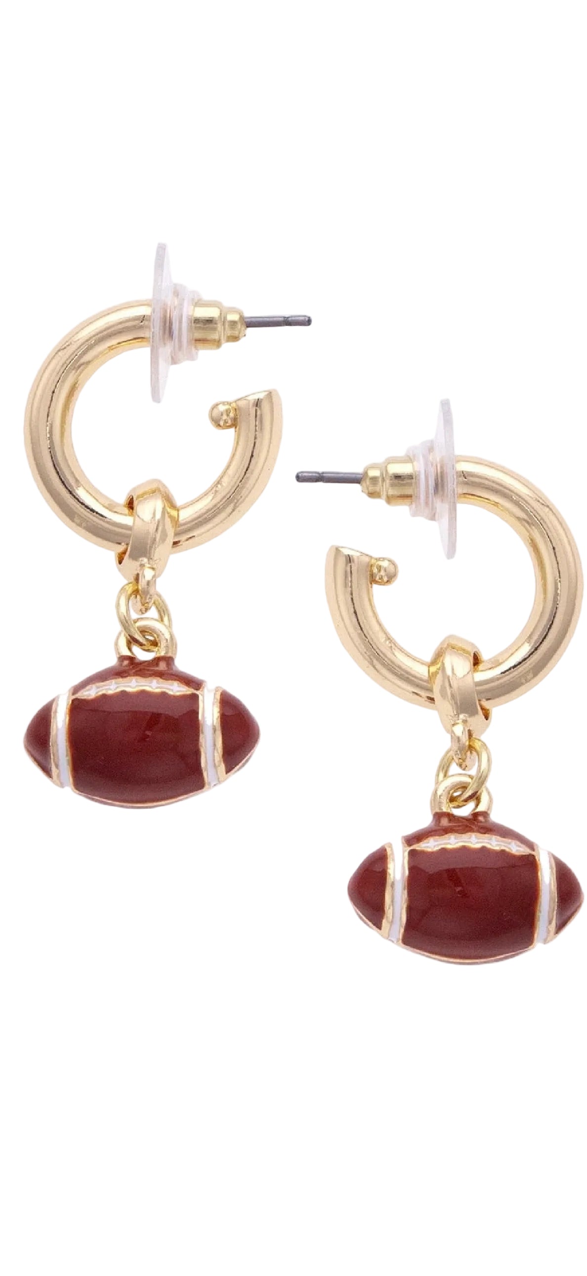 Football Enamel Drop Hoop Earrings in Brown/White
