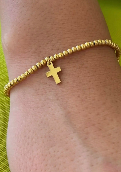 3mm Gold Bead with Gold Cross Stretch Bracelet
