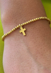3mm Gold Bead with Gold Cross Stretch Bracelet