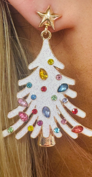Bejeweled Tree Earrings with Snow and Rhinestones