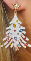 Bejeweled Tree Earrings with Snow and Rhinestones