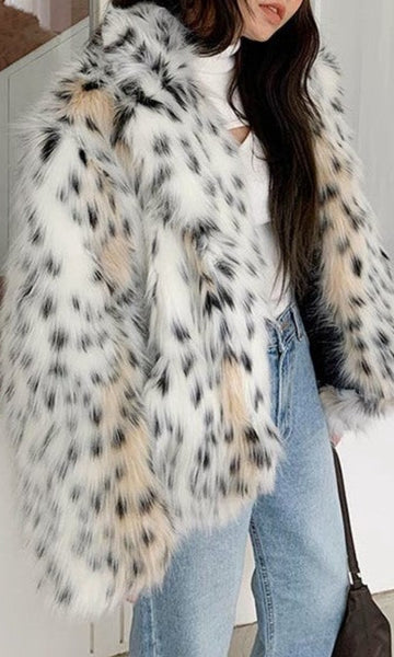 Spotty Soft Animal Print Faux Fur Thick Coat