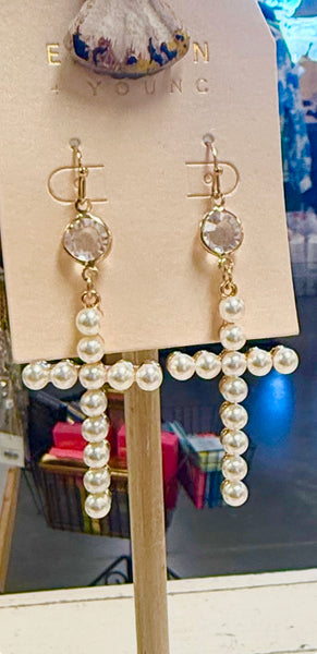 Pearl Cross Dangle Earrings