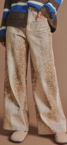 Deer Print Wide Leg Cotton Twill Pants