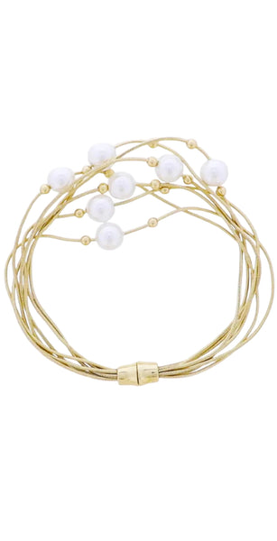 Gold Snake Rope Chain Multi Strand Bracelet with Pearl, Gold Ball Accents
