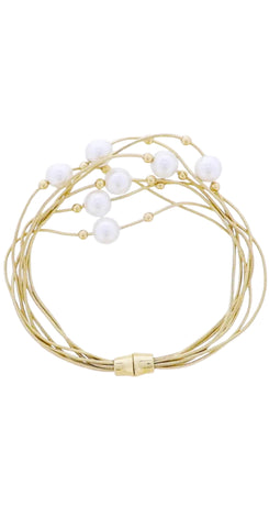 Gold Snake Rope Chain Multi Strand Bracelet with Pearl, Gold Ball Accents