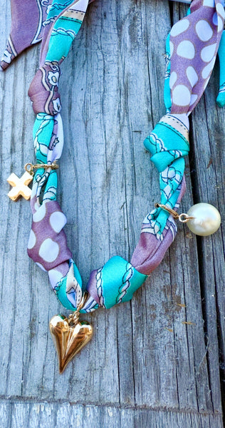 Teal Heart and Pearl Scarf Necklace