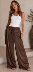 Chocolate Satin Drawstring Wide-Leg Pants