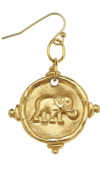 Elephant Intaglio Drop Earrings - Gold