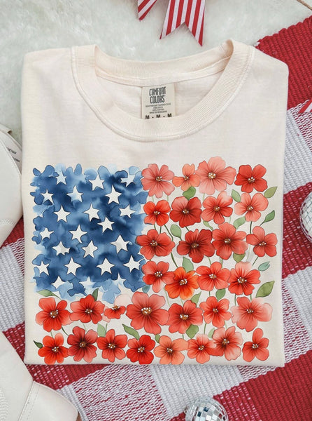 Floral Watercolor American Flag Tee
