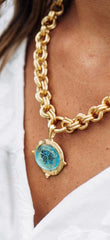 Susan Shaw Aqua Venetian Glass Bee Intaglio with Handset Freshwater Pearls On Gold Chain Necklace