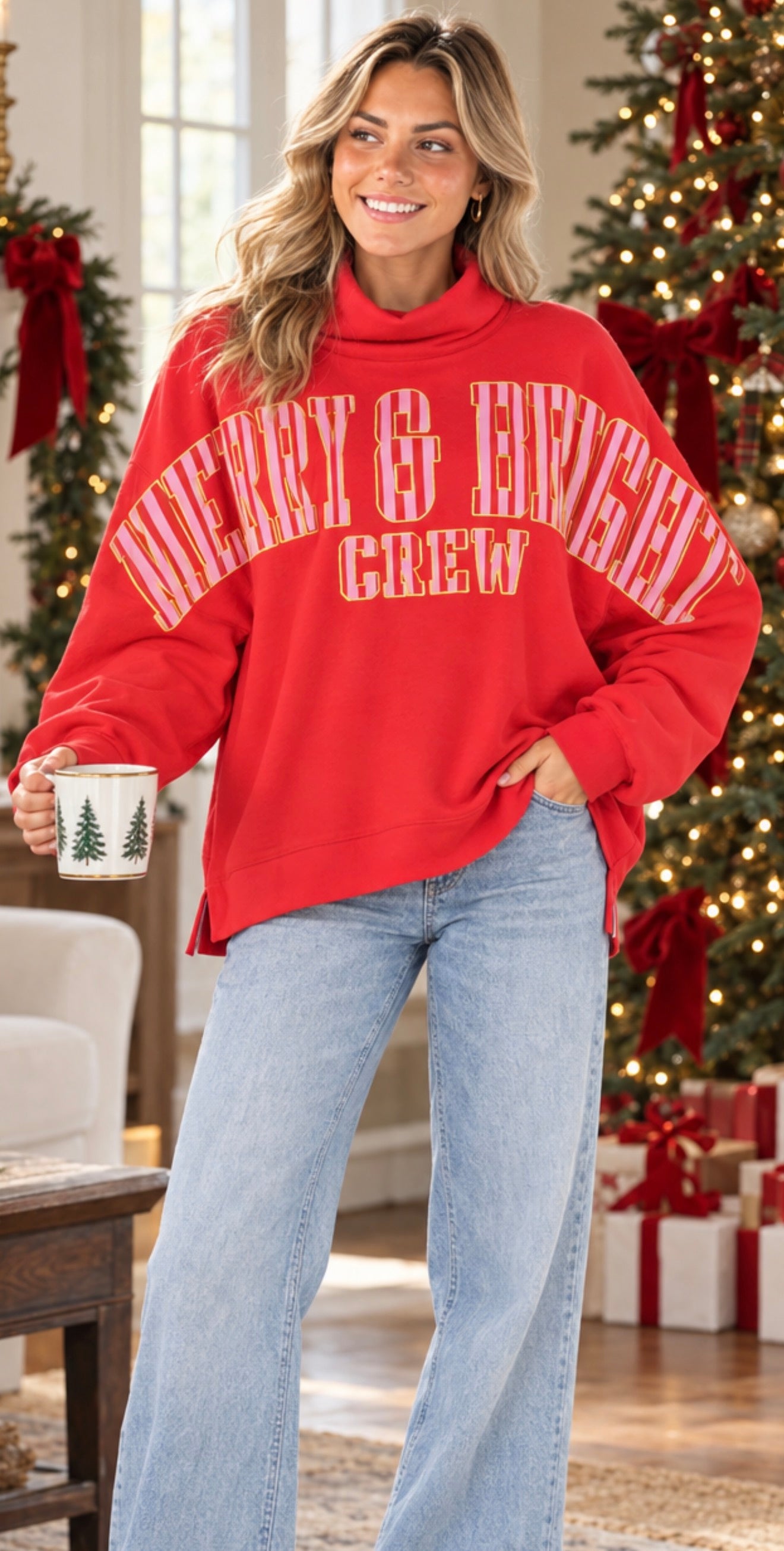 Simply Southern Merry Holiday Mock Neck Pullover Crew Oversized Sweatshirt