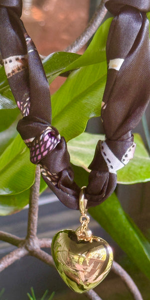 Black Scarf Necklace with Puff Heart Charm