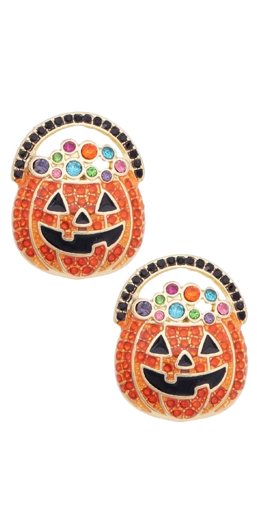 Bejeweled Jack-O'-Lantern Stud Earrings in Orange & Black