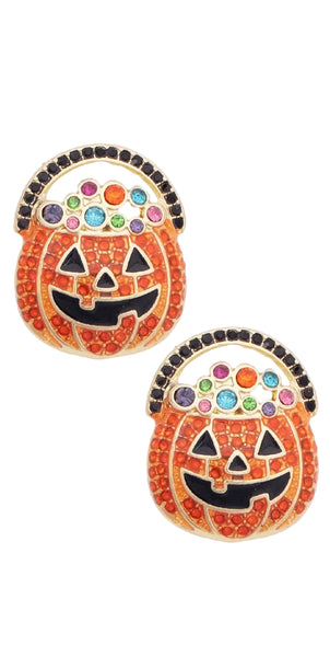 Bejeweled Jack-O'-Lantern Stud Earrings in Orange & Black