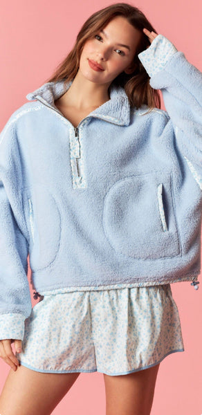 Blue Ditsy Floral Fleece Zip Up Shorts Set