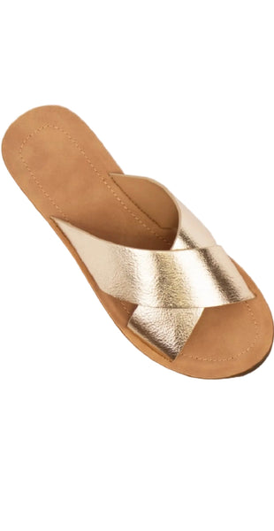 Lucy Gold Cross Strap Slide