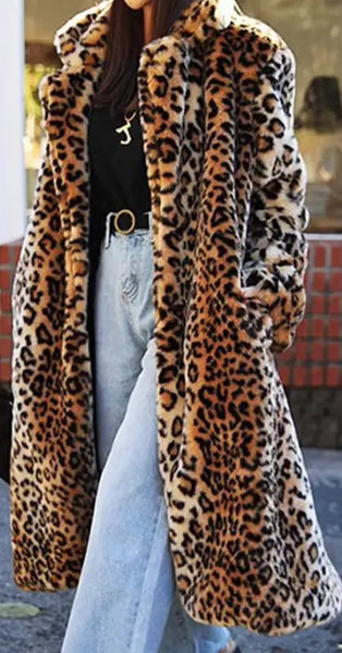 Contessa Leopard Pattern Faux Fur Long Coat