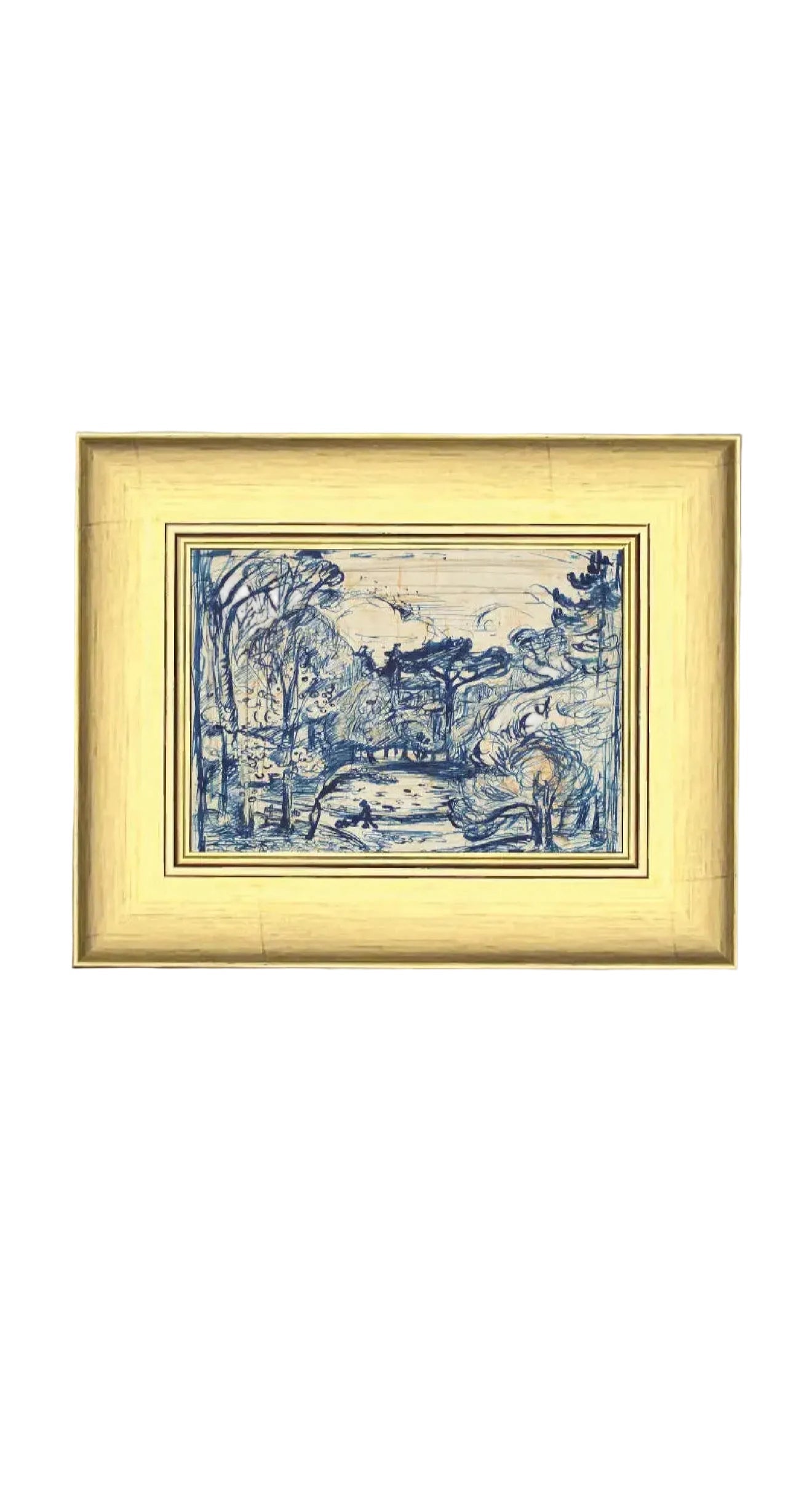 Forest with Woodcutter Framed Antique Art