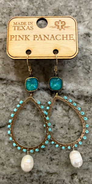 Pink Panache Beaded Oval with Pearl Drop Earrings - Turquoise