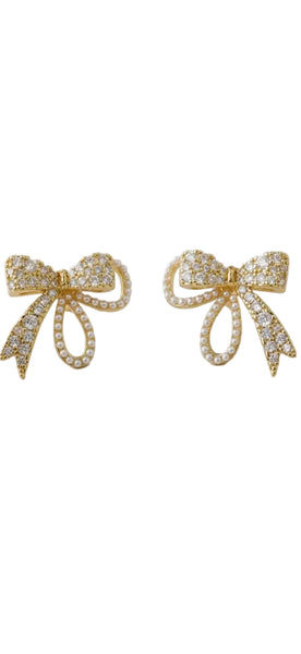 Vintage Inspired Pearl and Cubic Zirconia Bowknot Earrings