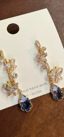 Vintage Blue Crystal Butterfly Dangle Earrings