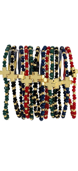 Crystal Stretch Bracelets w/ Single Balanced Cross - 4 Dark Colors