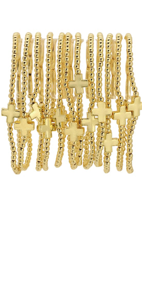 3mm Beaded Stretch Bracelet with Single Balanced Gold Cross