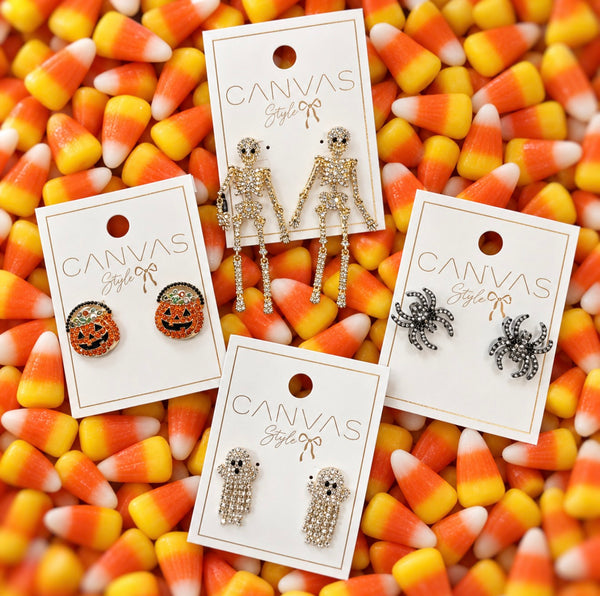 Spooky Pave Skeleton Earrings in White
