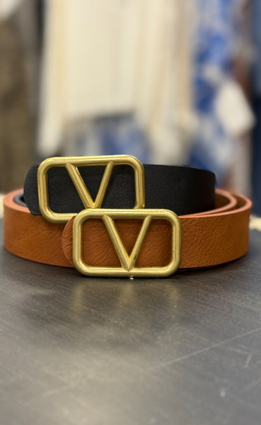 Metal V Buckle Leather Belt- 2 Colors