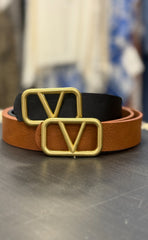 Metal V Buckle Leather Belt- 2 Colors