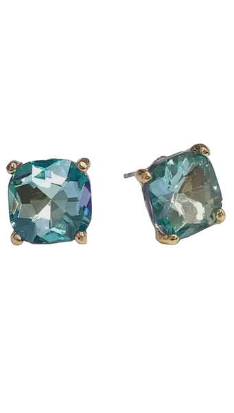 12mm Cushion Cut Square Stud Earrings - Aqua