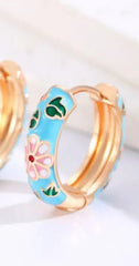 Vintage Cloisonne Enamel Floral Hoop Earrings