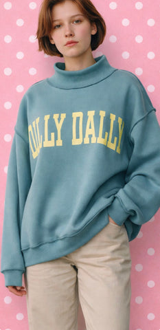 Dilly Dally Mock Neck Sweatshirt - Mint Blue and Yellow
