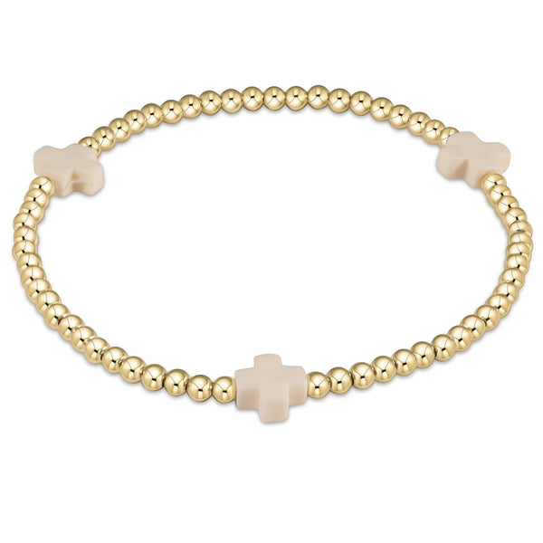 enewton 7.25" extends Signature Cross Gold Pattern 3mm Bead Bracelet - Off White