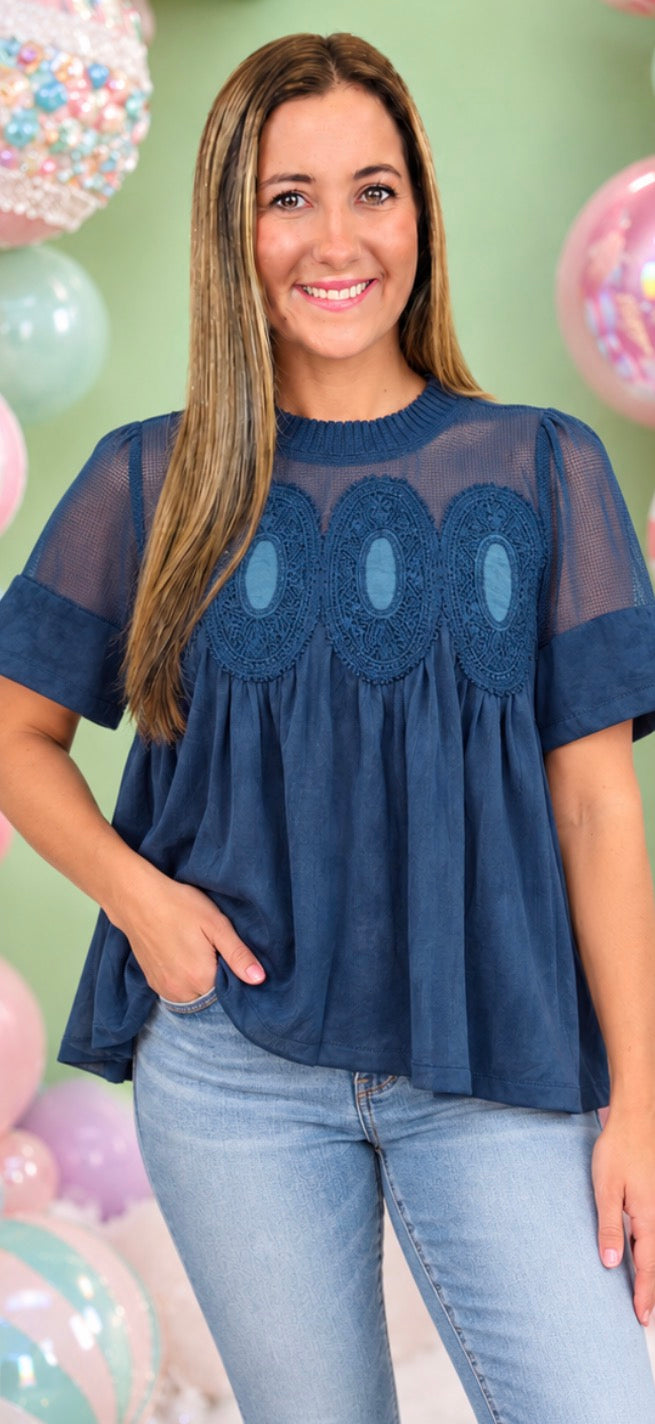 Kendall Mesh Top - Teal Blue Suede