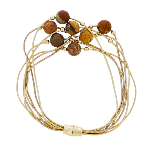 Gold Snake Rope Chain Multi Strand Bracelet with Picture Jasper Stone Accents