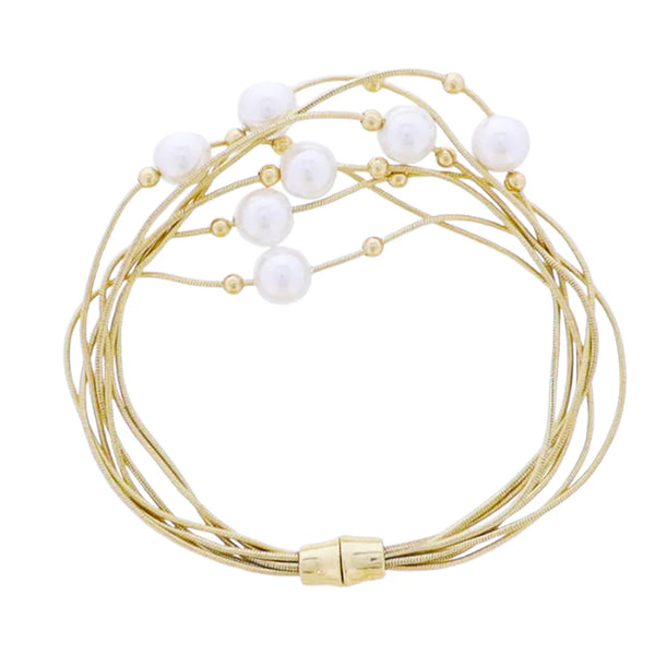 Gold Snake Rope Chain Multi Strand Bracelet with Pearl, Gold Ball Accents