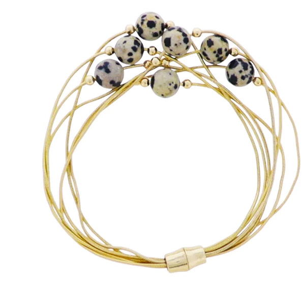 Gold Snake Rope Chain Multi Strand Bracelet with Dalmation Stone Accents