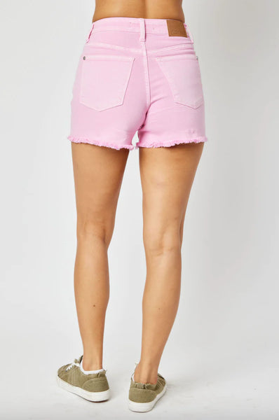 Judy Blue Garment Dyed Frayed Denim Shorts - Pink