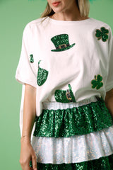 St. Patricks Sequin Clover and Hat Tee