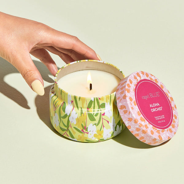 Capri Blue Aloha Orchid Pattern Play Printed Travel Tin Candle